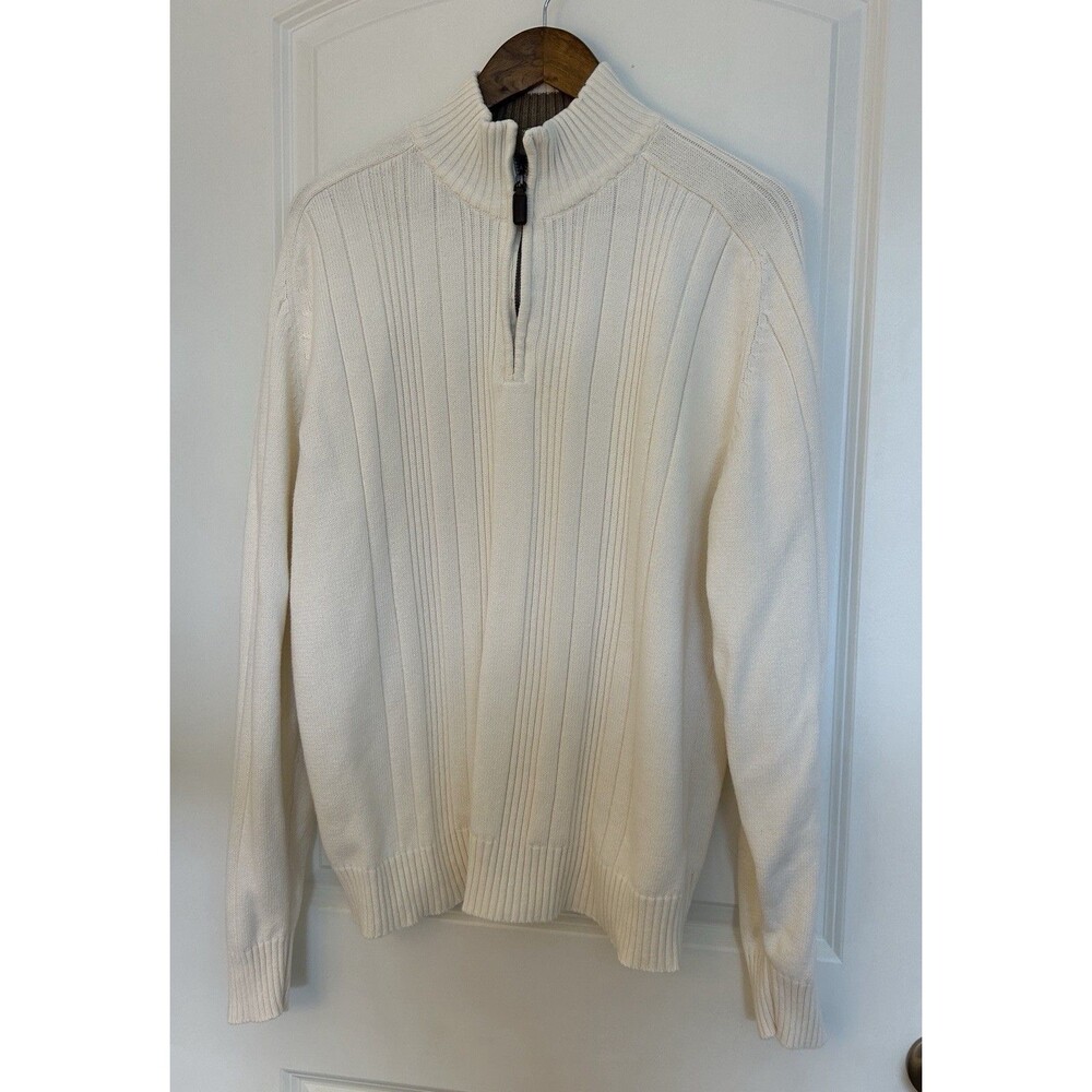 Oscar de La Renta Mens Sweater Ribbed Textured Heavy 1/4 Zip Cream Preppy READ